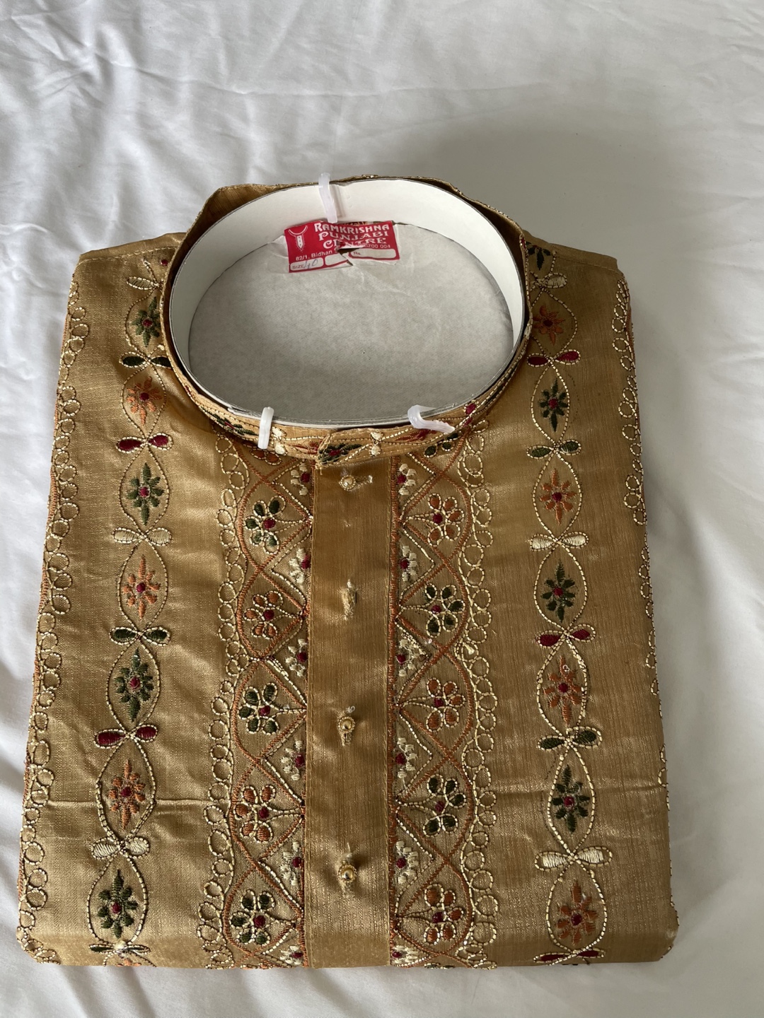 Men's Beige Kurta, Hand-Embroidered, Size Large