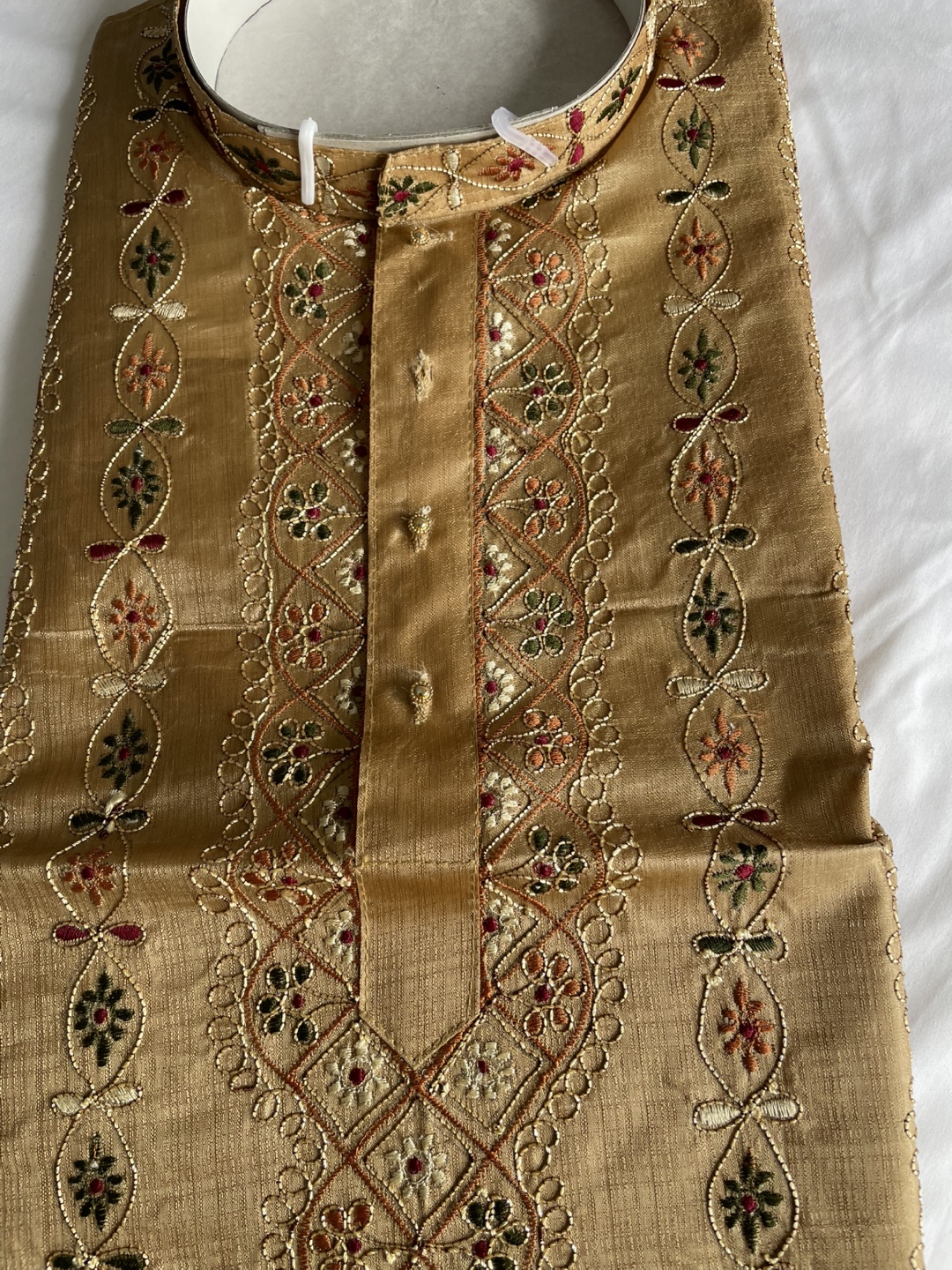 Men's Beige Kurta, Hand-Embroidered, Size Large - photo 3