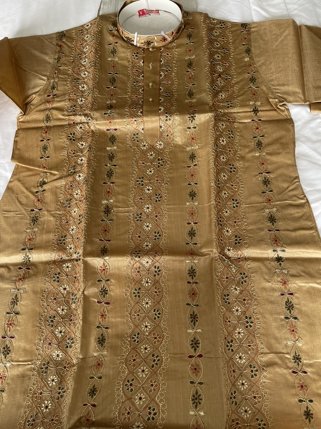 Men's Beige Kurta, Hand-Embroidered, Size Large - photo 5