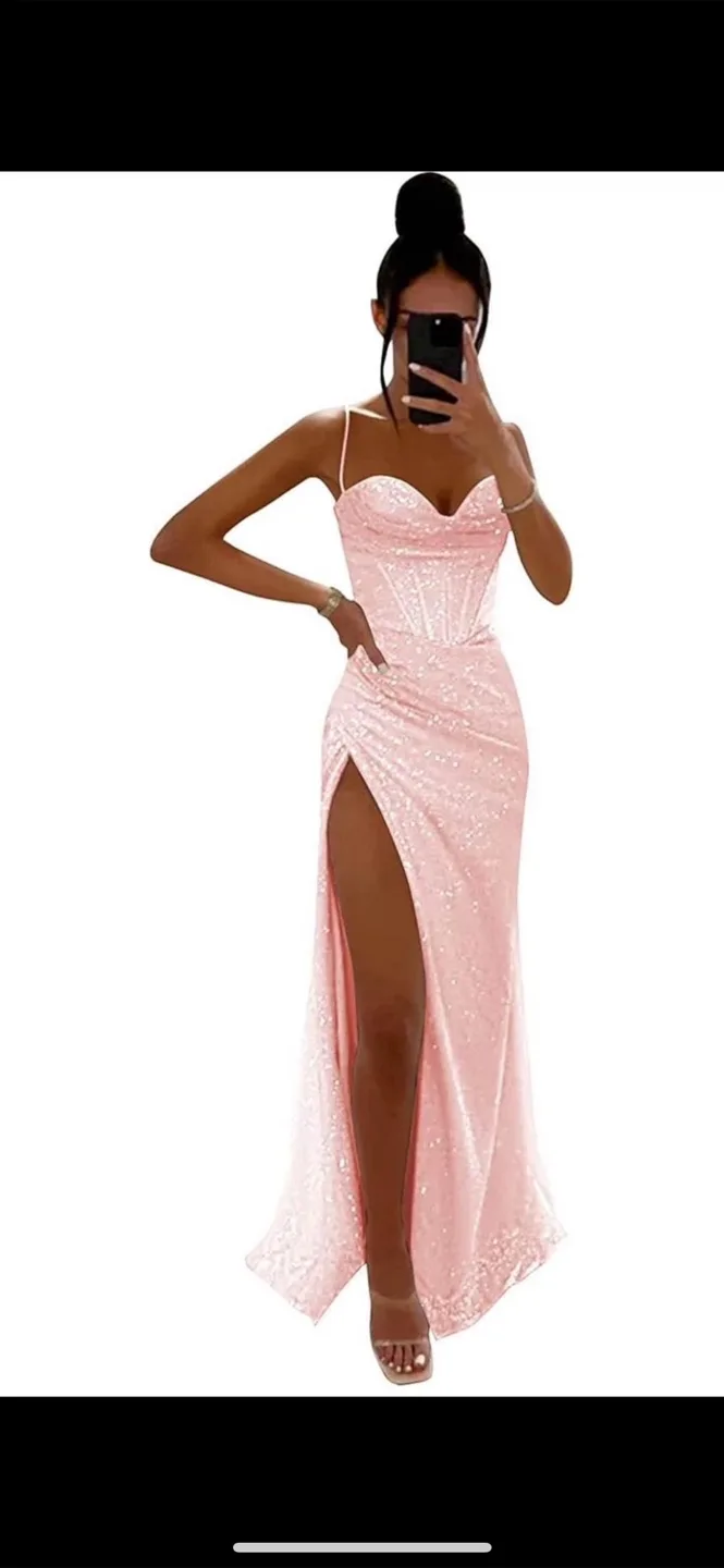 Pink Sequin Bodycon Maxi Dress with Thigh High Slit thumbnail