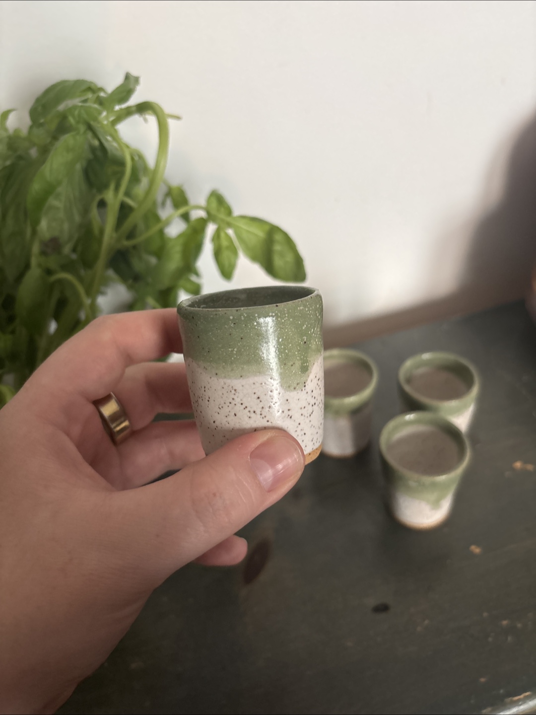 (4) Vintage Speckled Ceramic Shot Glasses