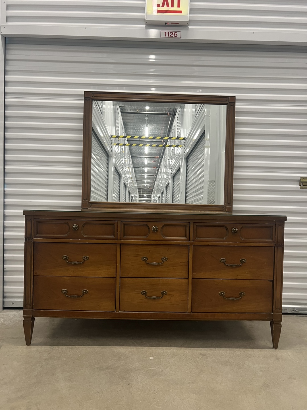 MCM Bassett 9 drawers Dresser w/mirror and glass top