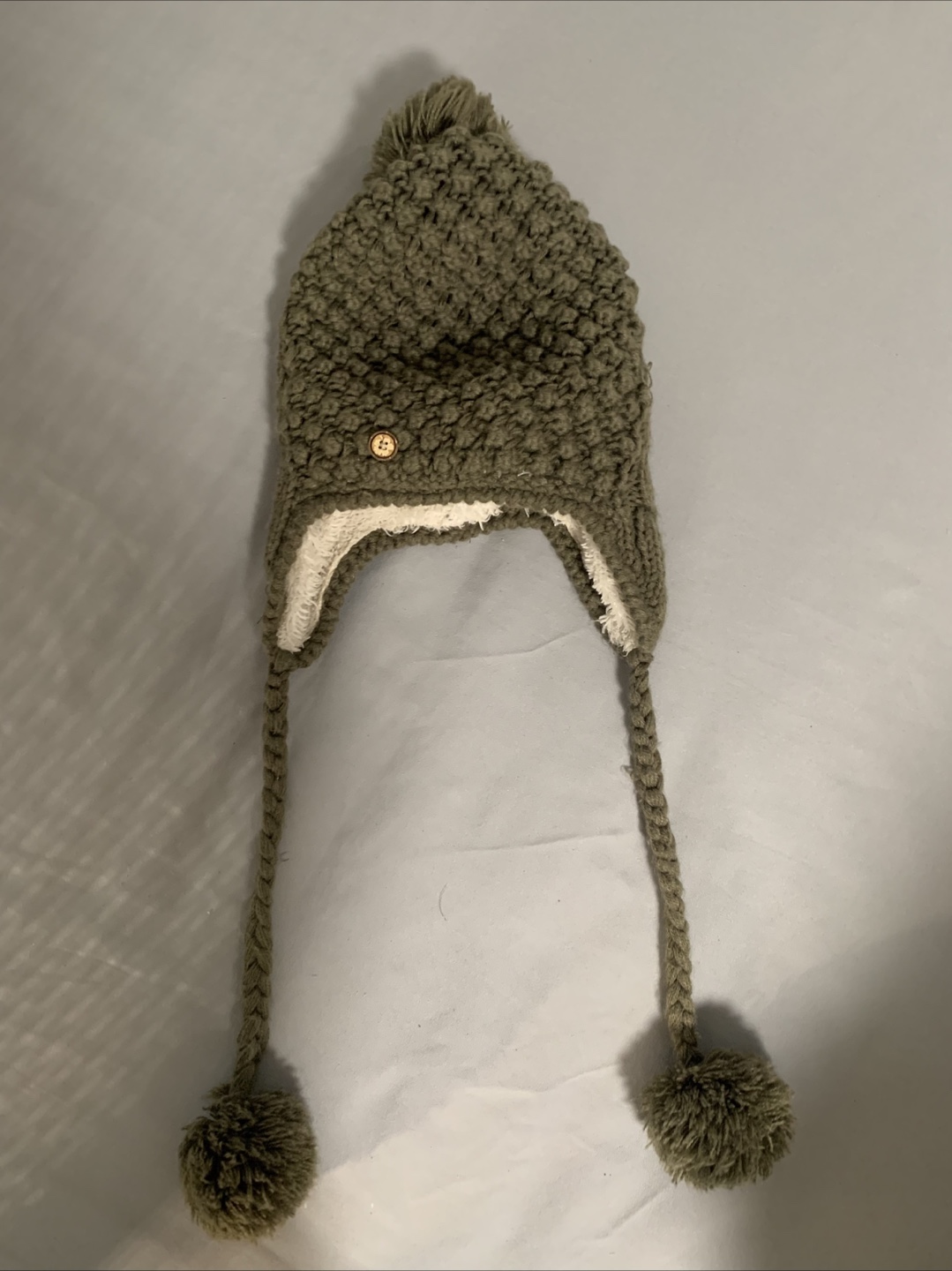 Olive Green Trapper Hat with Pom Poms
