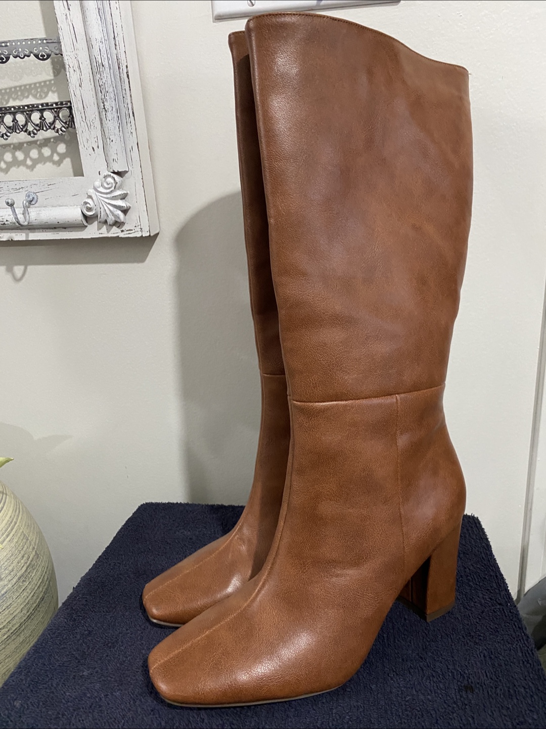Faux Leather Knee-High Boots with Block Heel