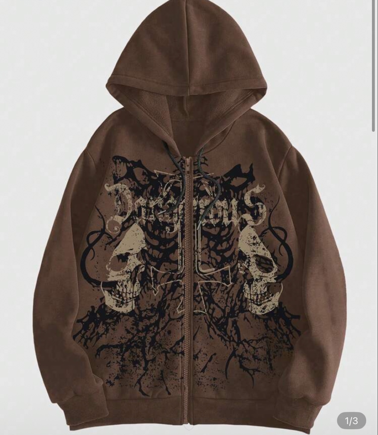 Brown Skull Graphic Zip-Up Hoodie - Size Small