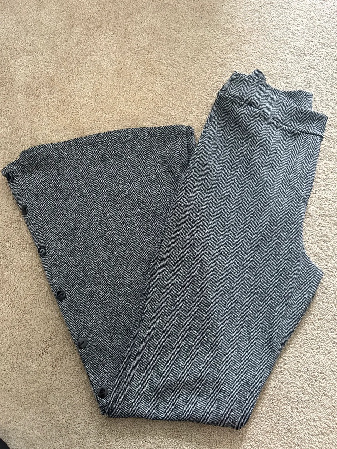 NEW Grey Herringbone Bell Bottom Pants with Side Buttons image indicator(2)