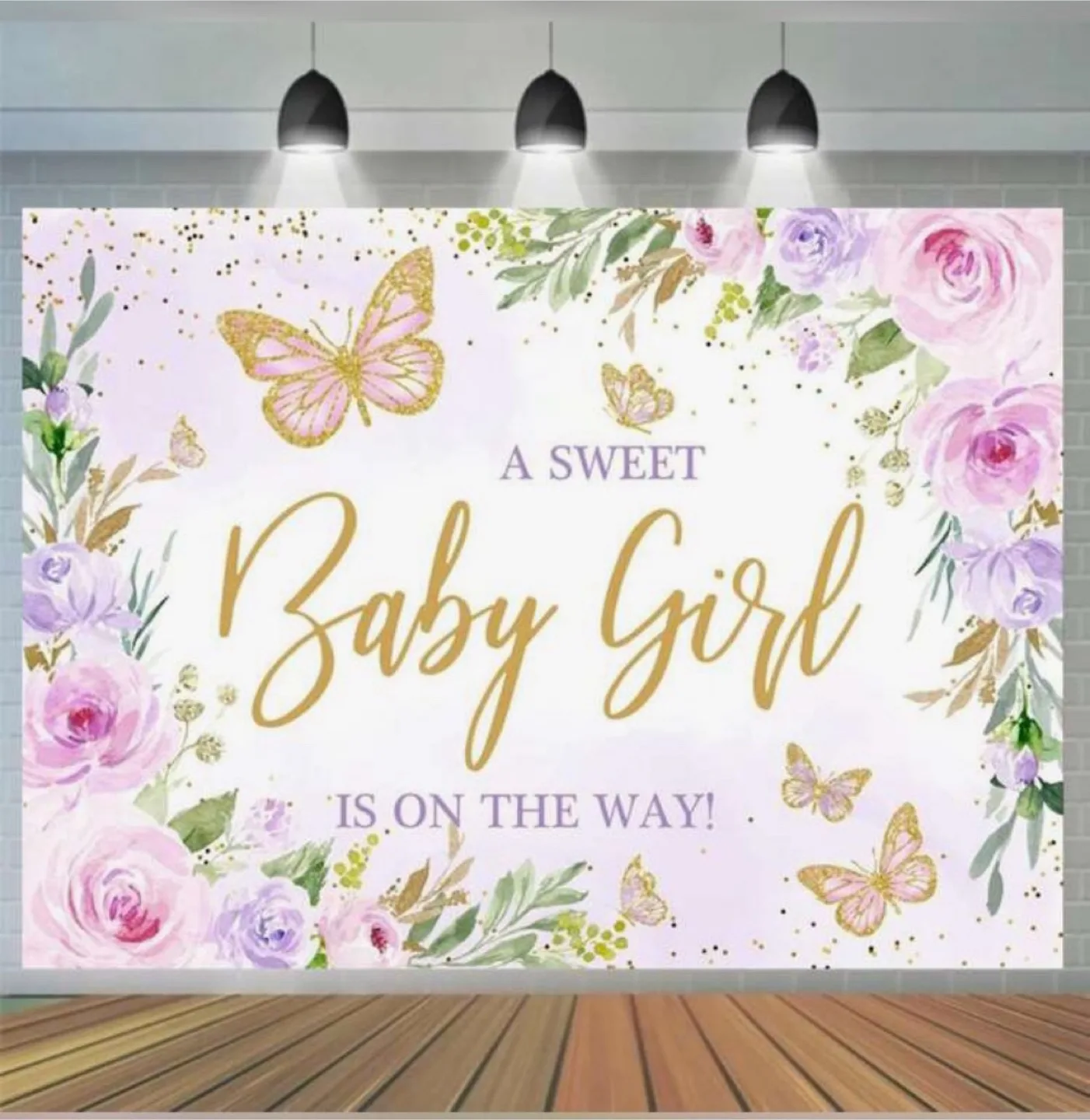 Baby Shower Backdrop - Floral Butterflies - 5x3 ft thumbnail