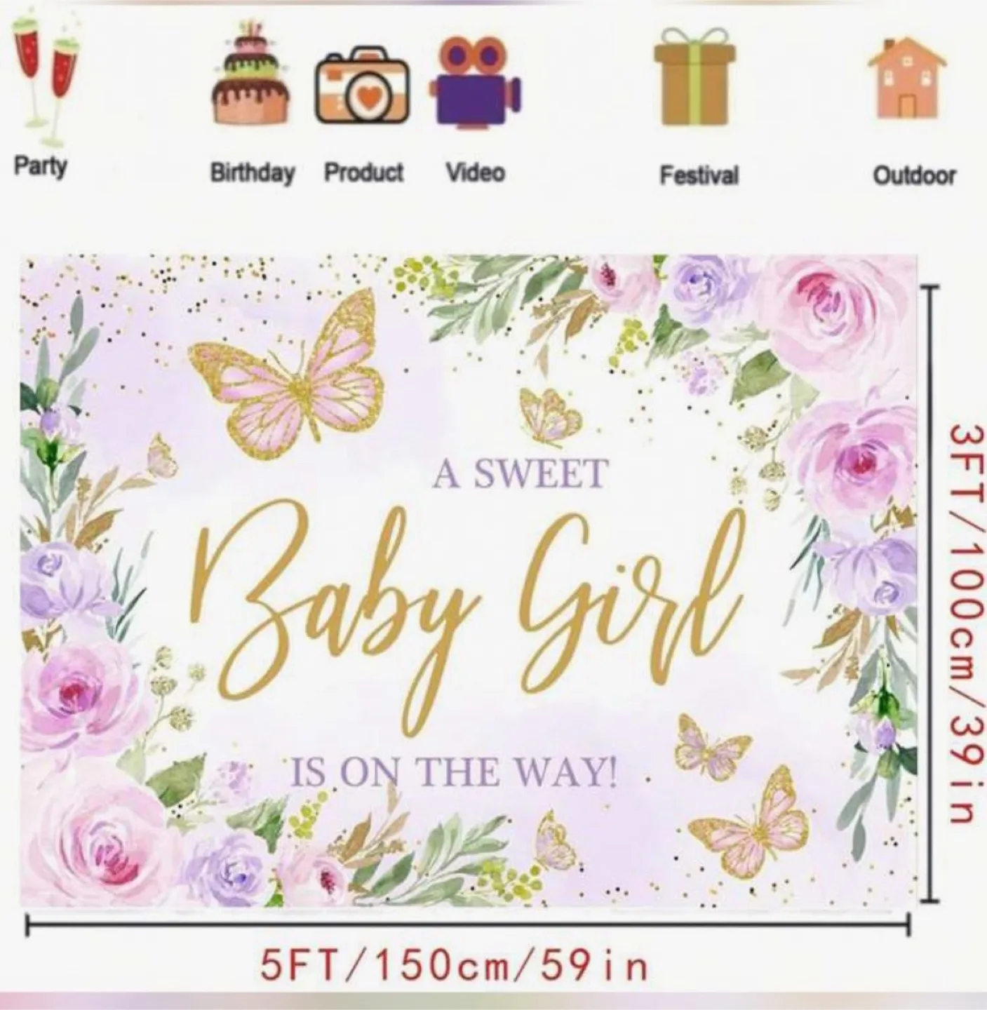 Baby Shower Backdrop - Floral Butterflies - 5x3 ft image indicator(2)