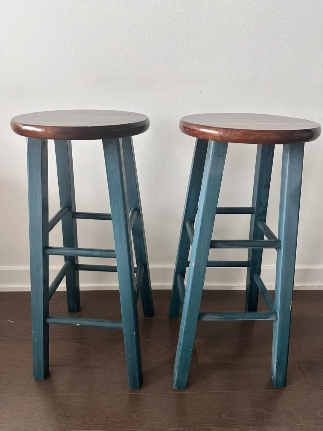Pair of teal wooden bar stools thumbnail