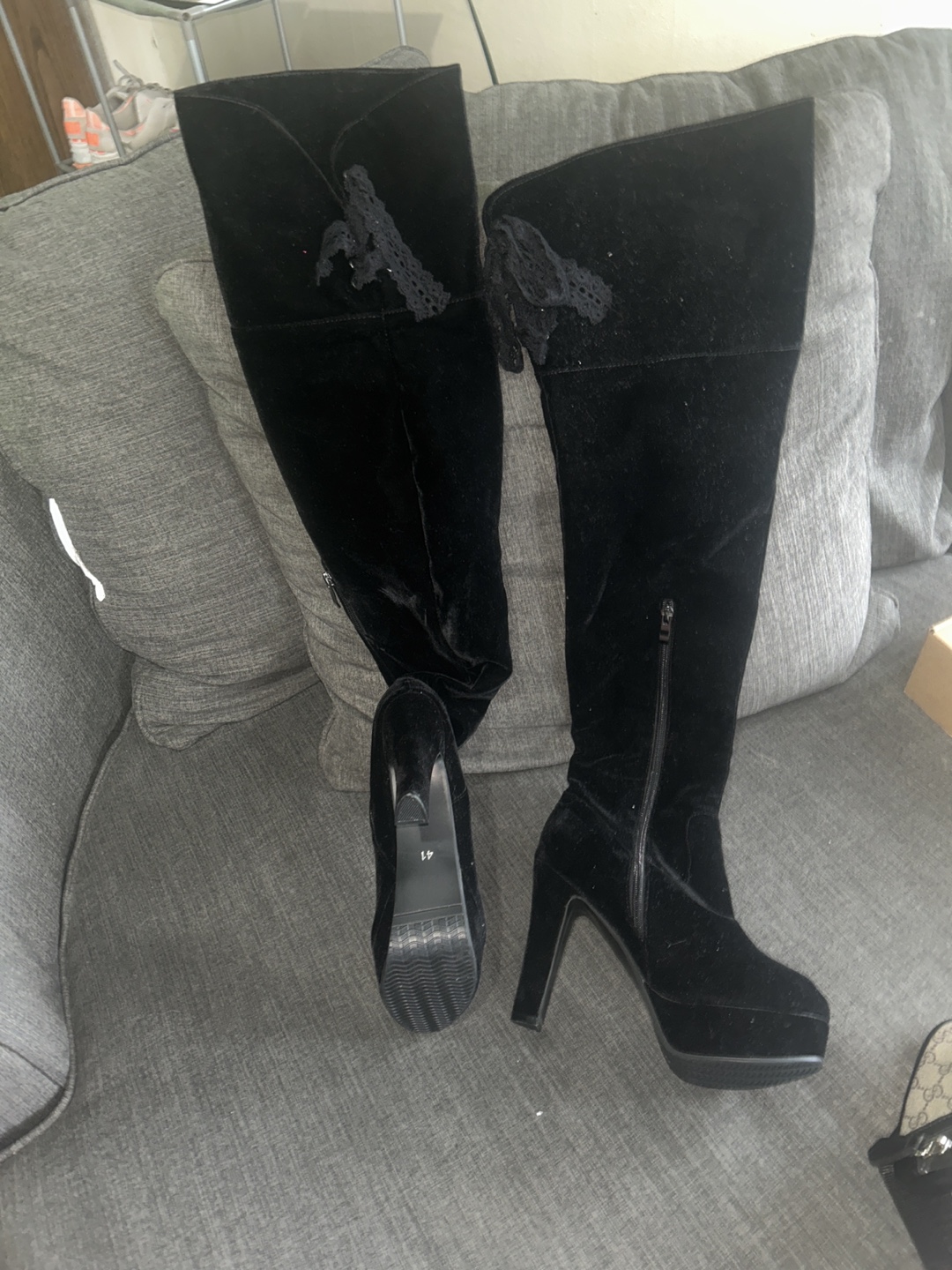 Black Velvet Over-the-Knee Boots with Lace Detail