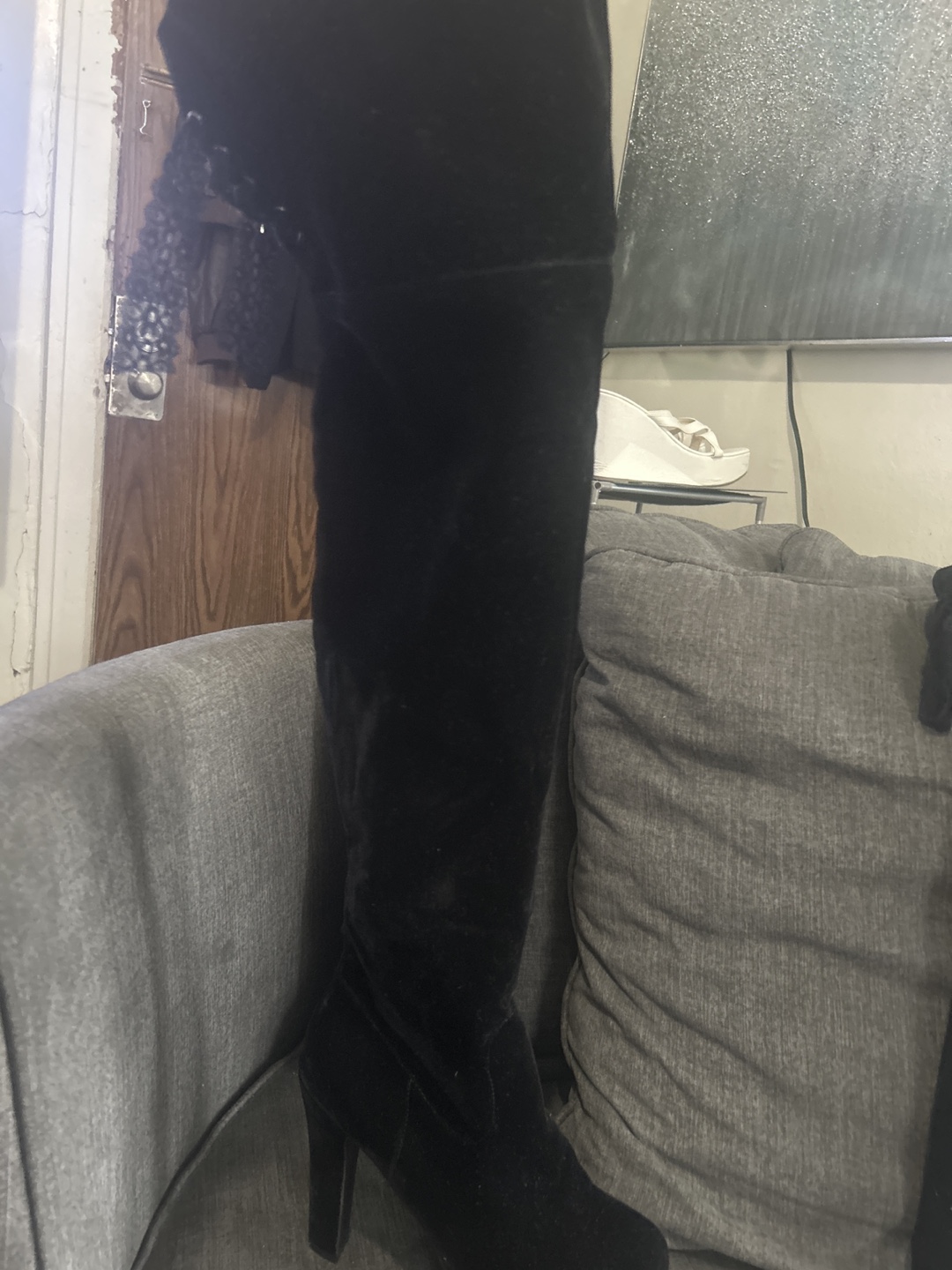 Black Velvet Over-the-Knee Boots with Lace Detail - photo 3