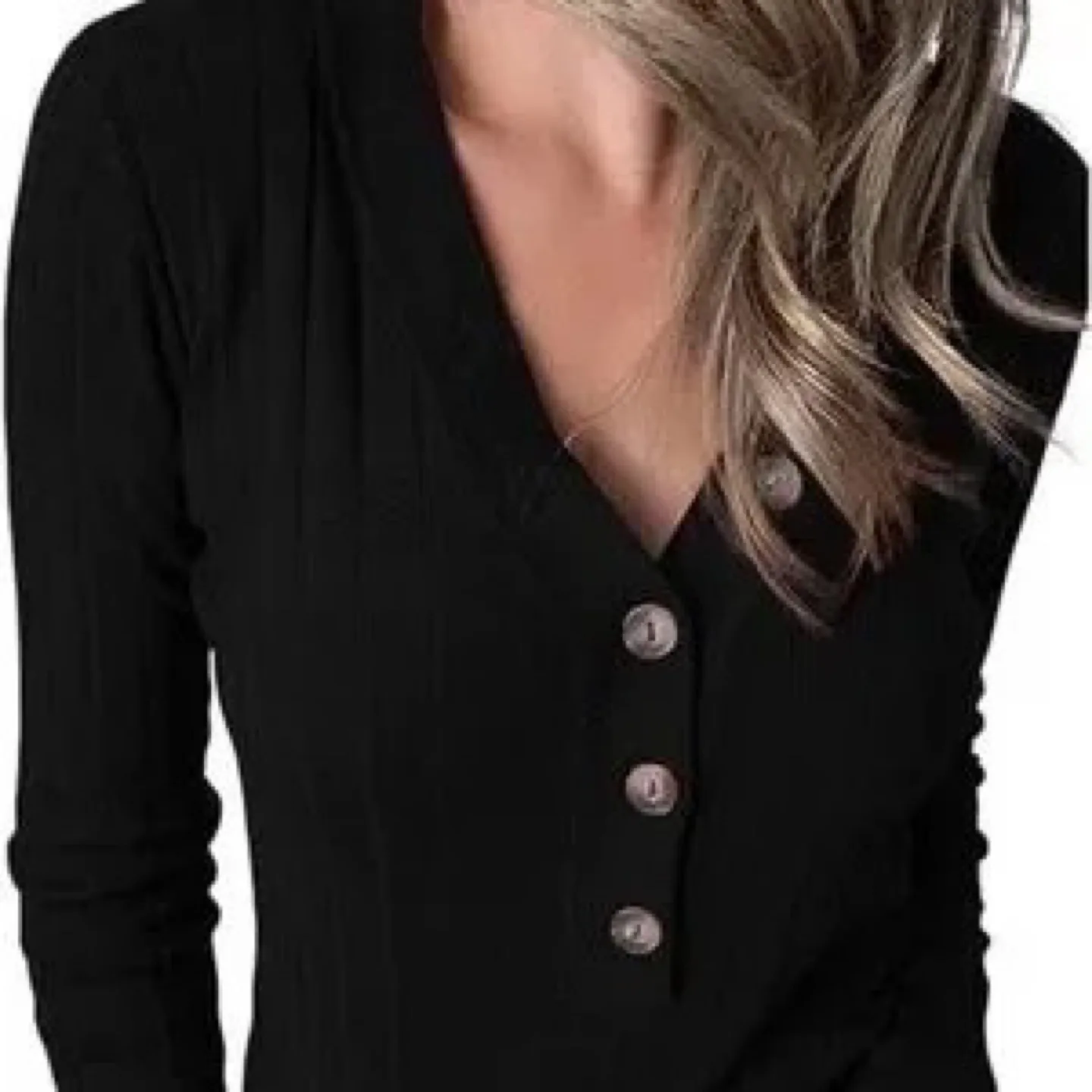 Women's Black Long Sleeve V-Neck Button-Down Knit Top thumbnail