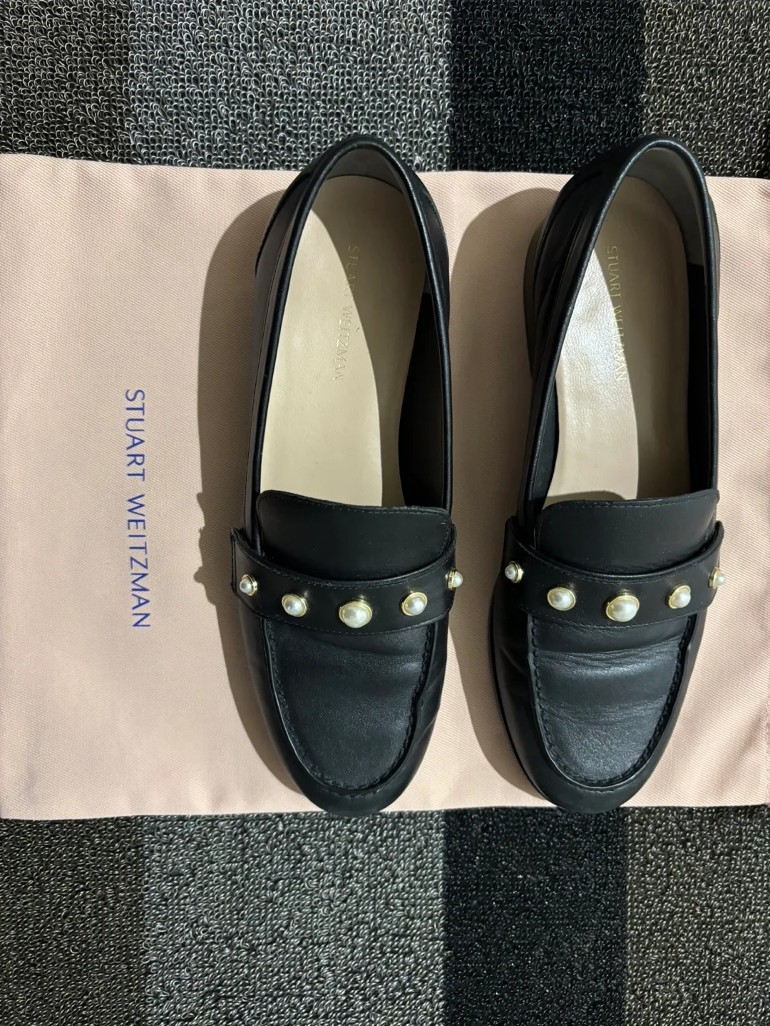Stuart Weitzman Black Leather Pearl-embellished Loafers thumbnail