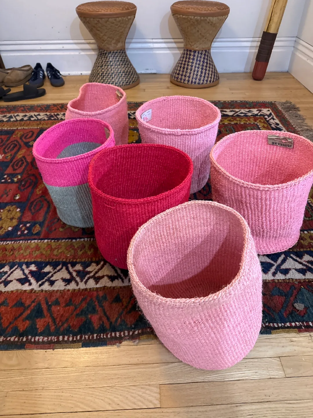 Set of 7 Pink & Gray Woven Baskets thumbnail