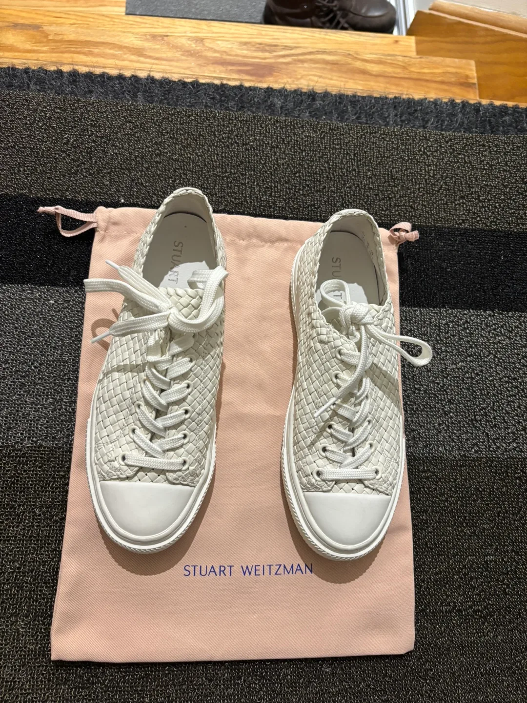Stuart Weitzman White Woven Leather Sneakers thumbnail