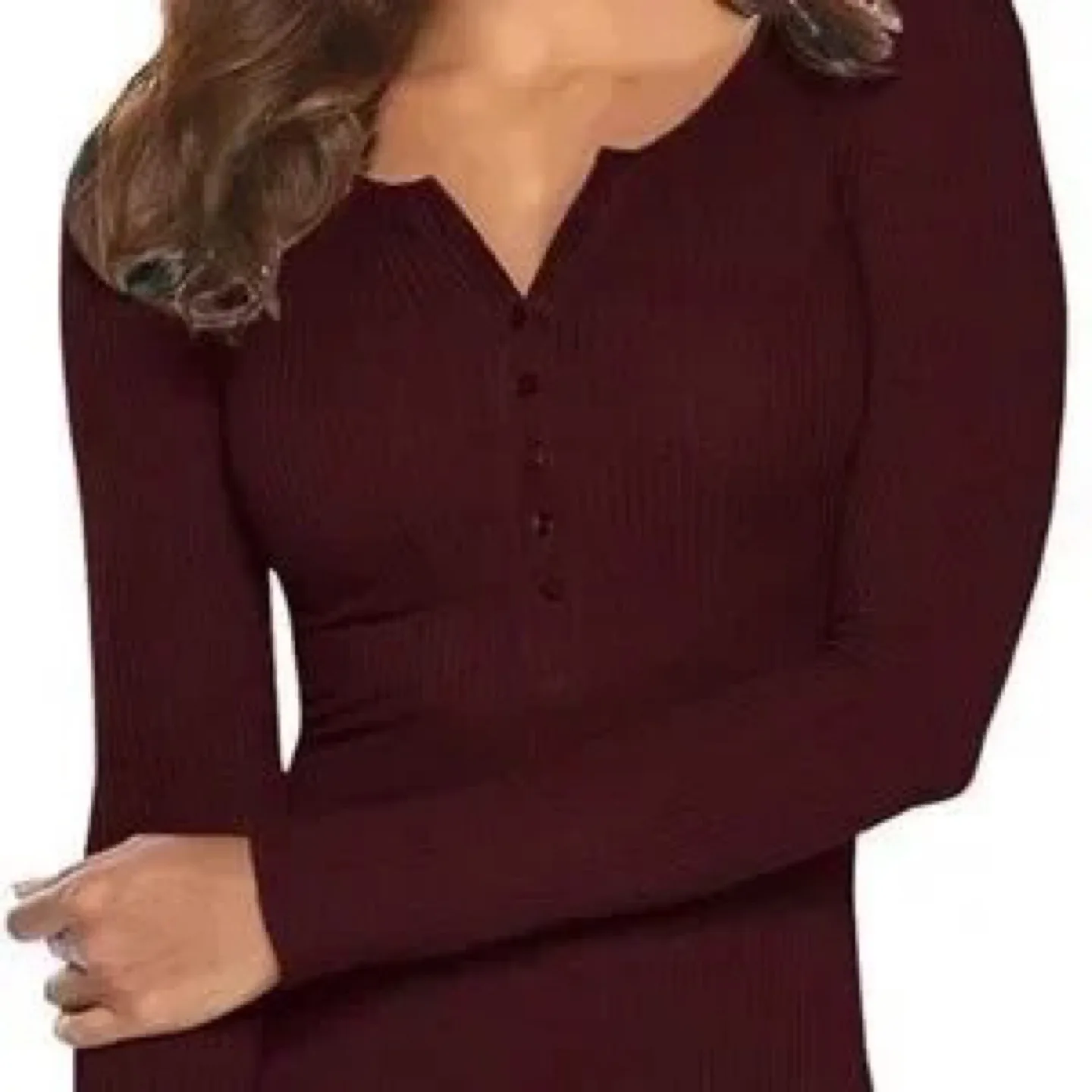 Women's Burgundy Long Sleeve Ribbed Knit Button-Down Top thumbnail