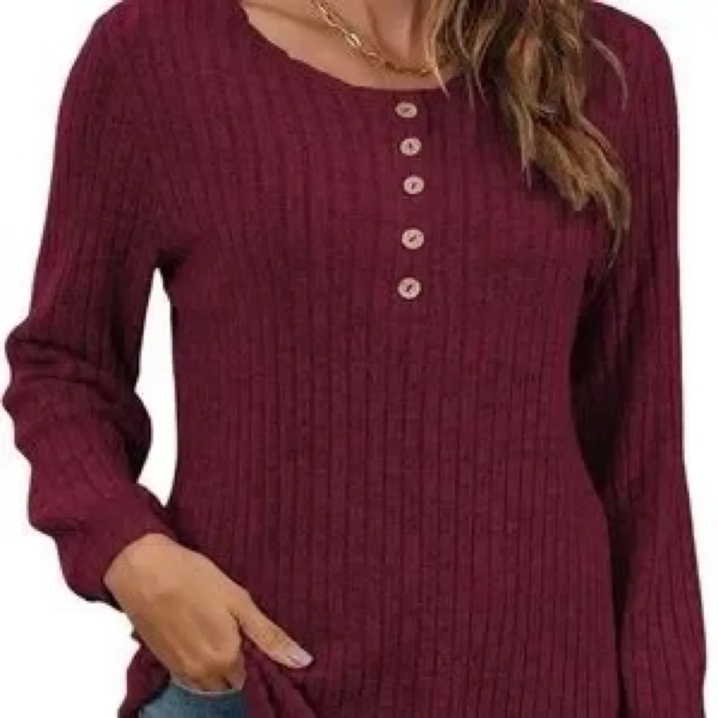 Women's Burgundy Ribbed Knit Long Sleeve Button Up Top thumbnail