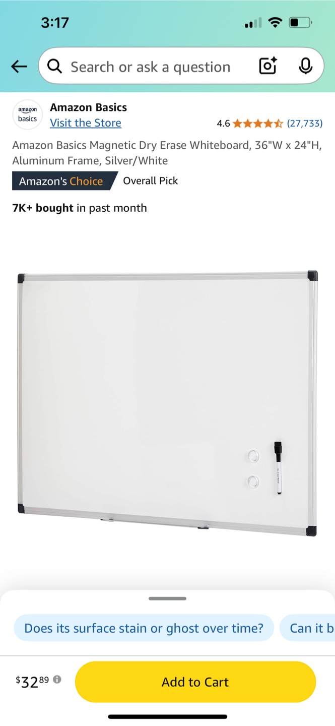 Amazon Basics Magnetic Dry Erase Whiteboard, 36"W x 24"H - photo 2