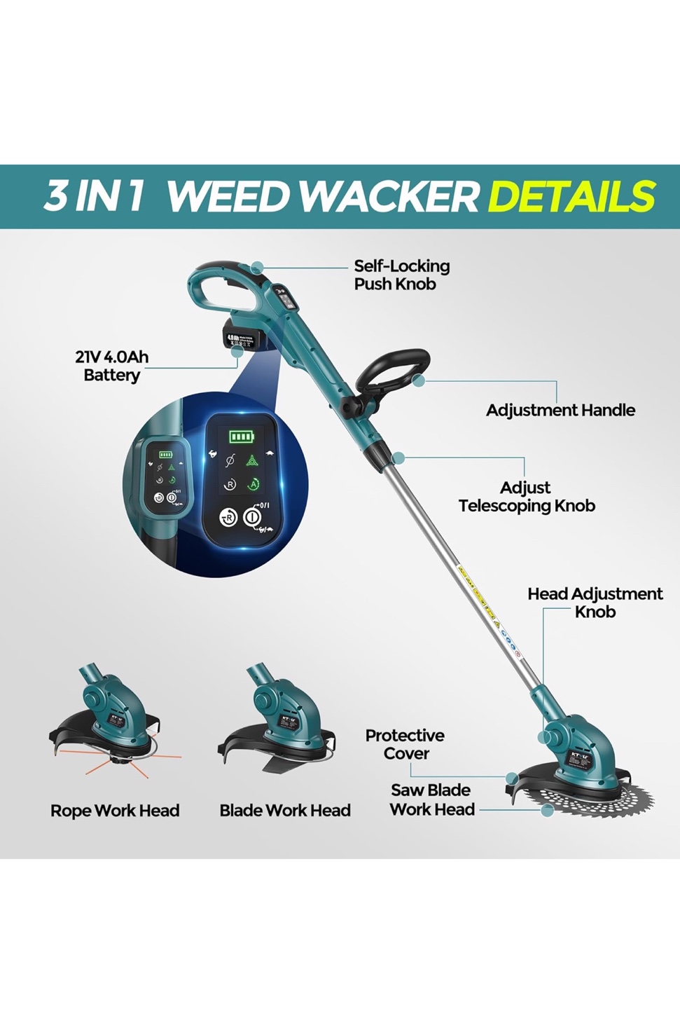 KTYU 21V 3-in-1 Cordless Grass Trimmer, Edger, and Pole Saw - photo 2