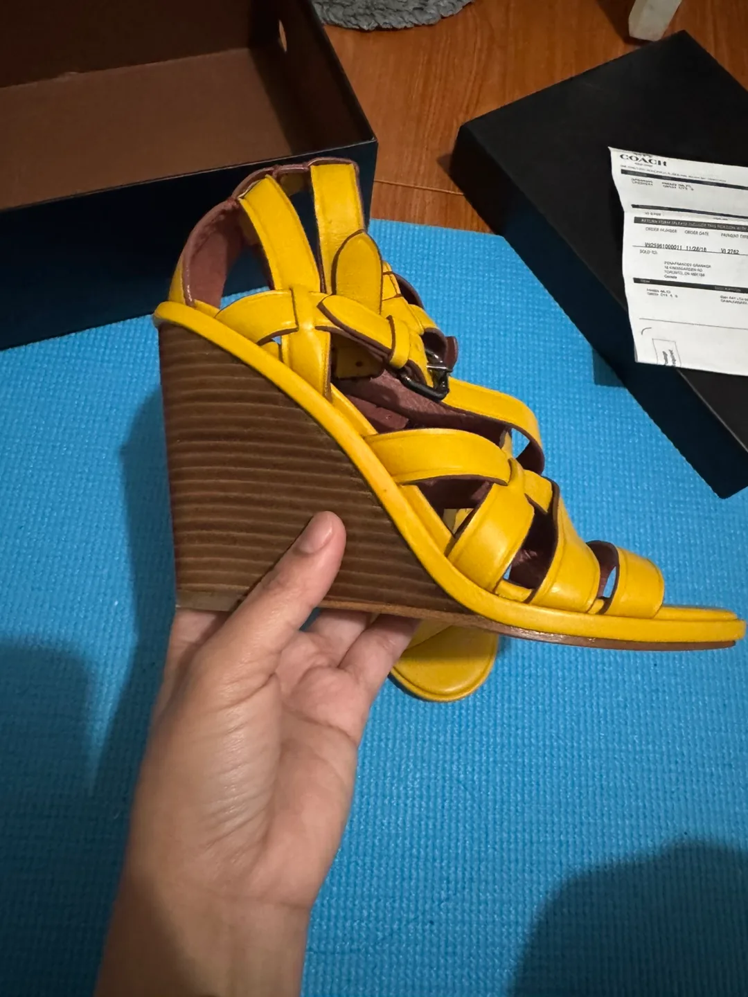 Coach Yellow Leather Wedge Sandals - Size 6B image indicator(3)