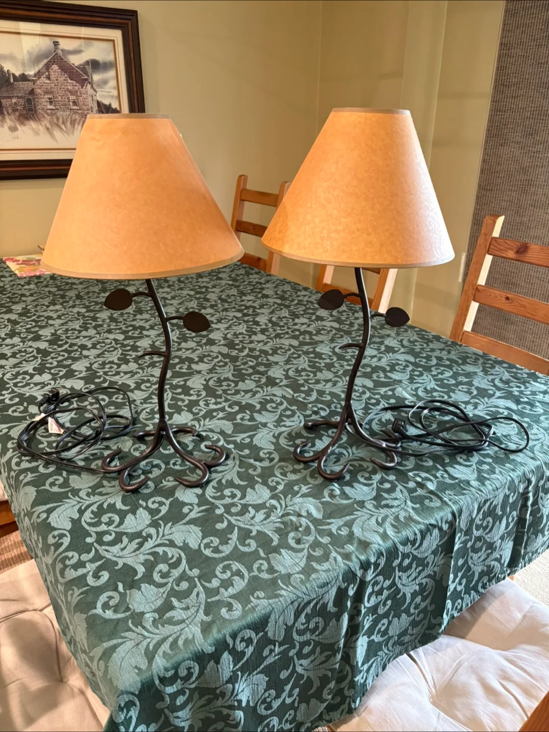 Pair of Table Lamps, Metal Leaf Design, Beige Shades thumbnail