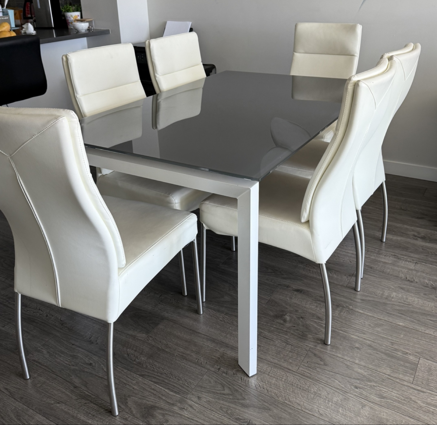 Modern Glass Dining Table with Six Cream Leather Chairs - photo 2