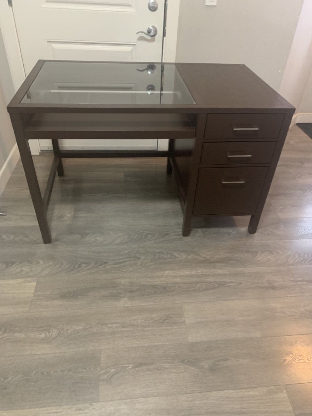 Dark Brown Writing Desk with Glass Top and chair