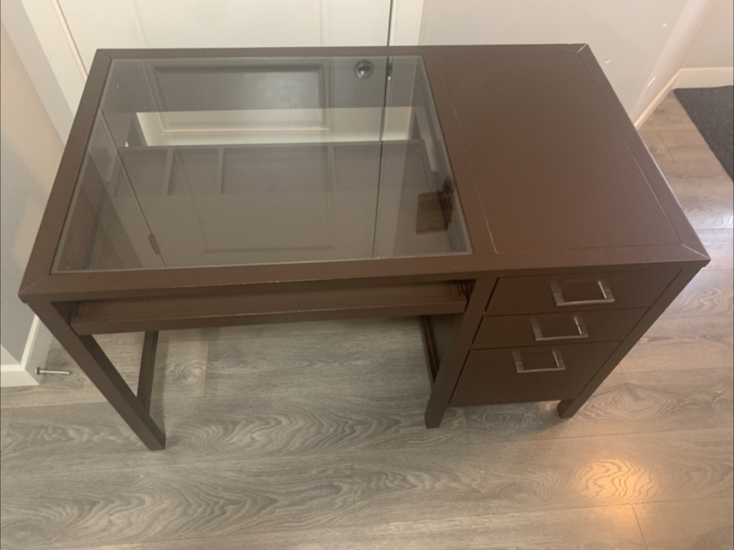 Dark Brown Writing Desk with Glass Top and chair - photo 3