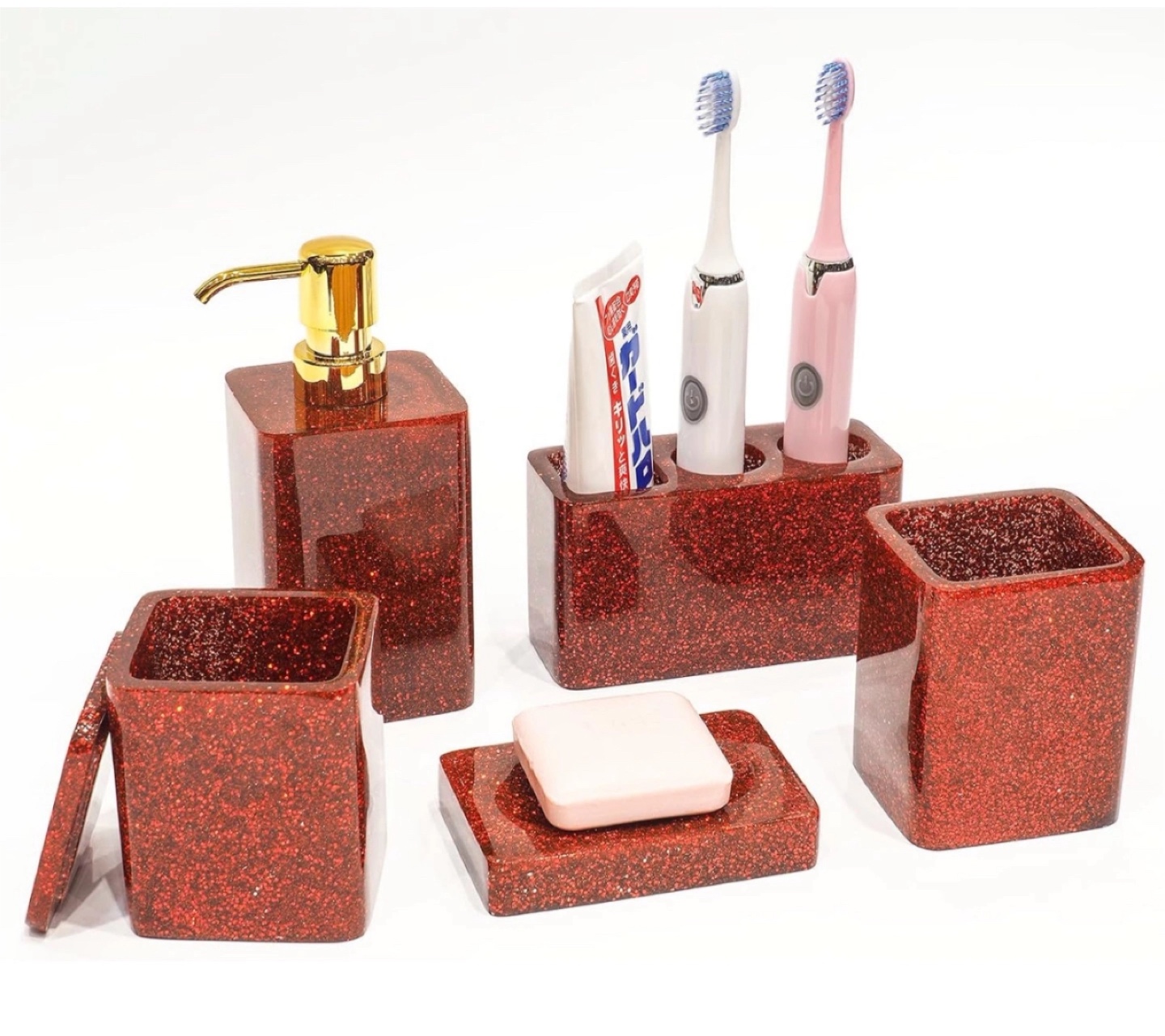 Brand New! Red Glitter Bathroom Accessory Set