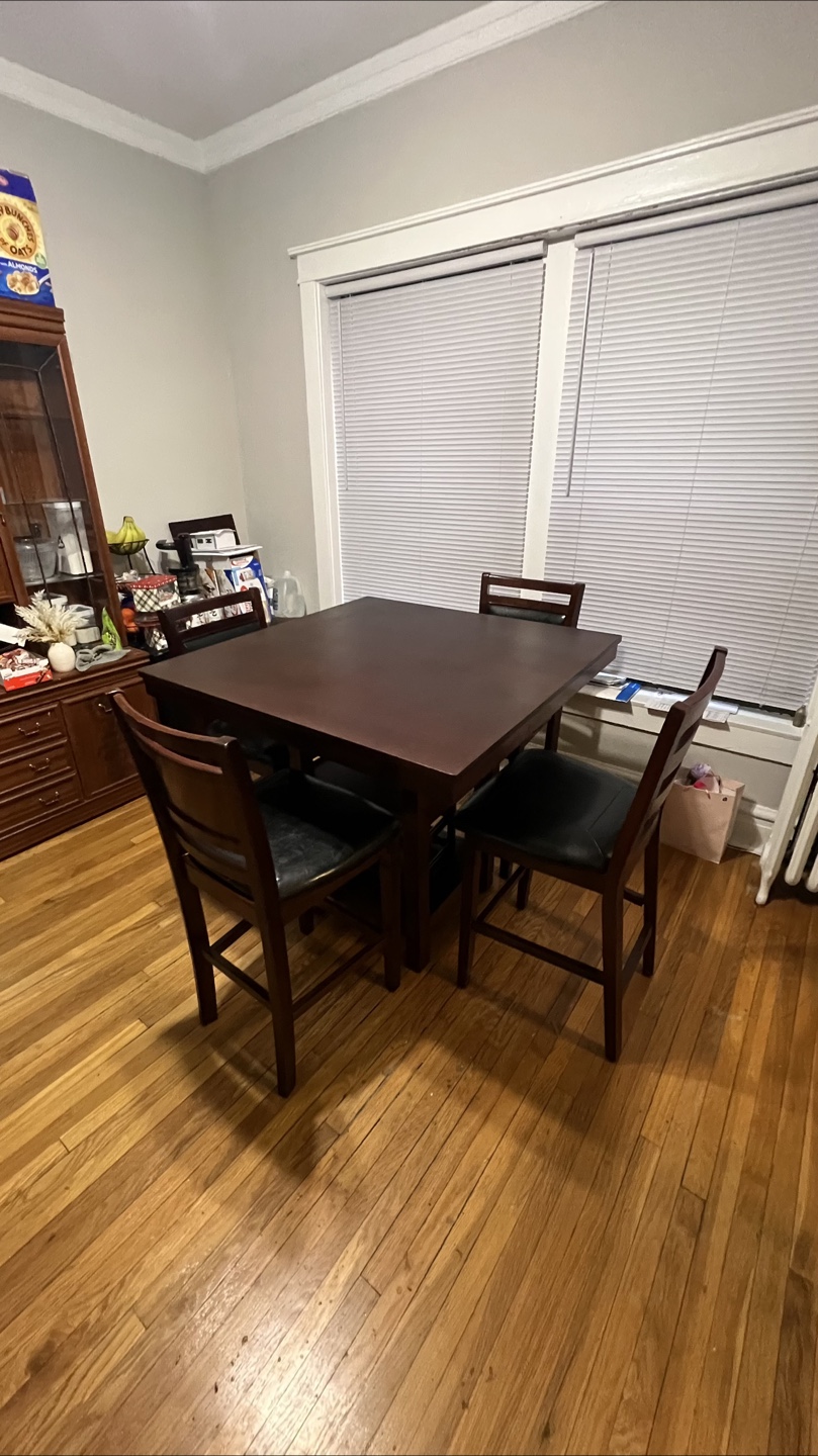 Dark Wood Square Dining Table with 4 Counter Height Chairs