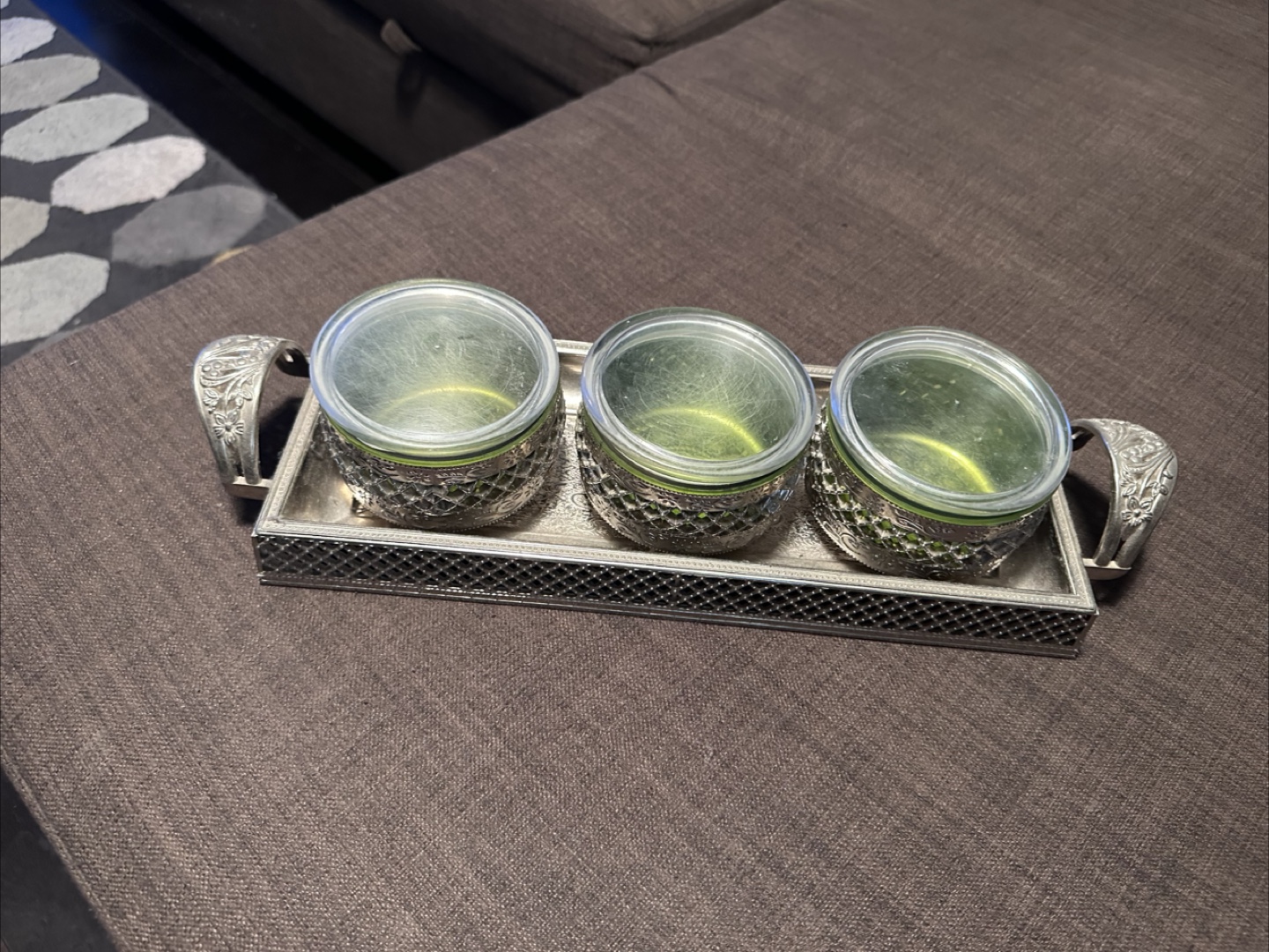 Vintage Silver-Tone Tray with Three Green Glass Jars