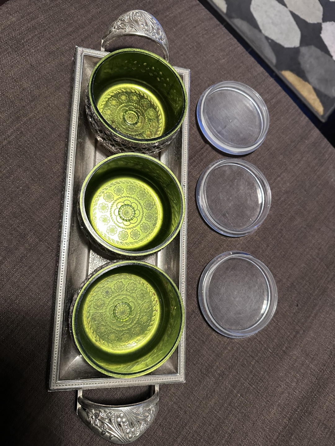 Vintage Silver-Tone Tray with Three Green Glass Jars - photo 4