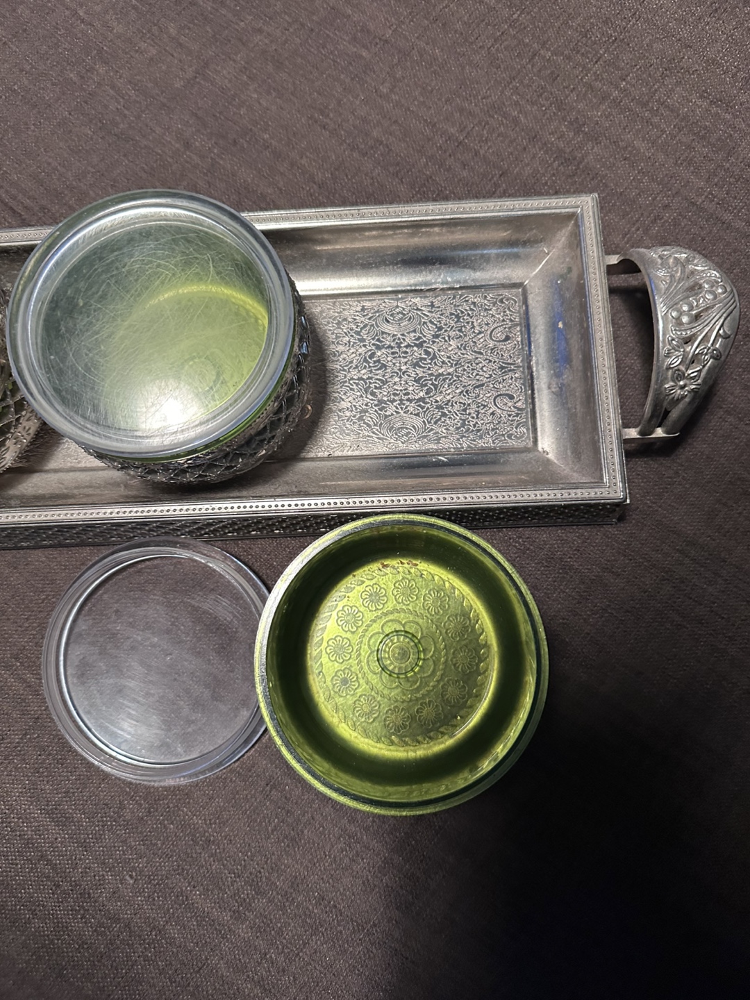 Vintage Silver-Tone Tray with Three Green Glass Jars - photo 3