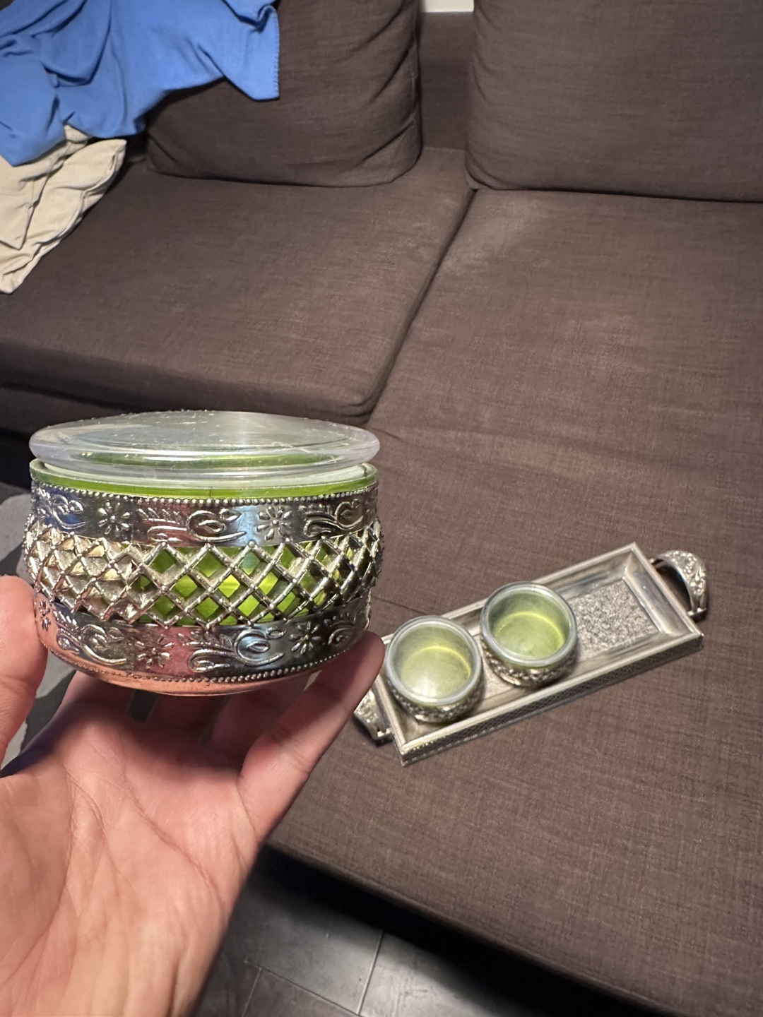 Vintage Silver-Tone Tray with Three Green Glass Jars - photo 2