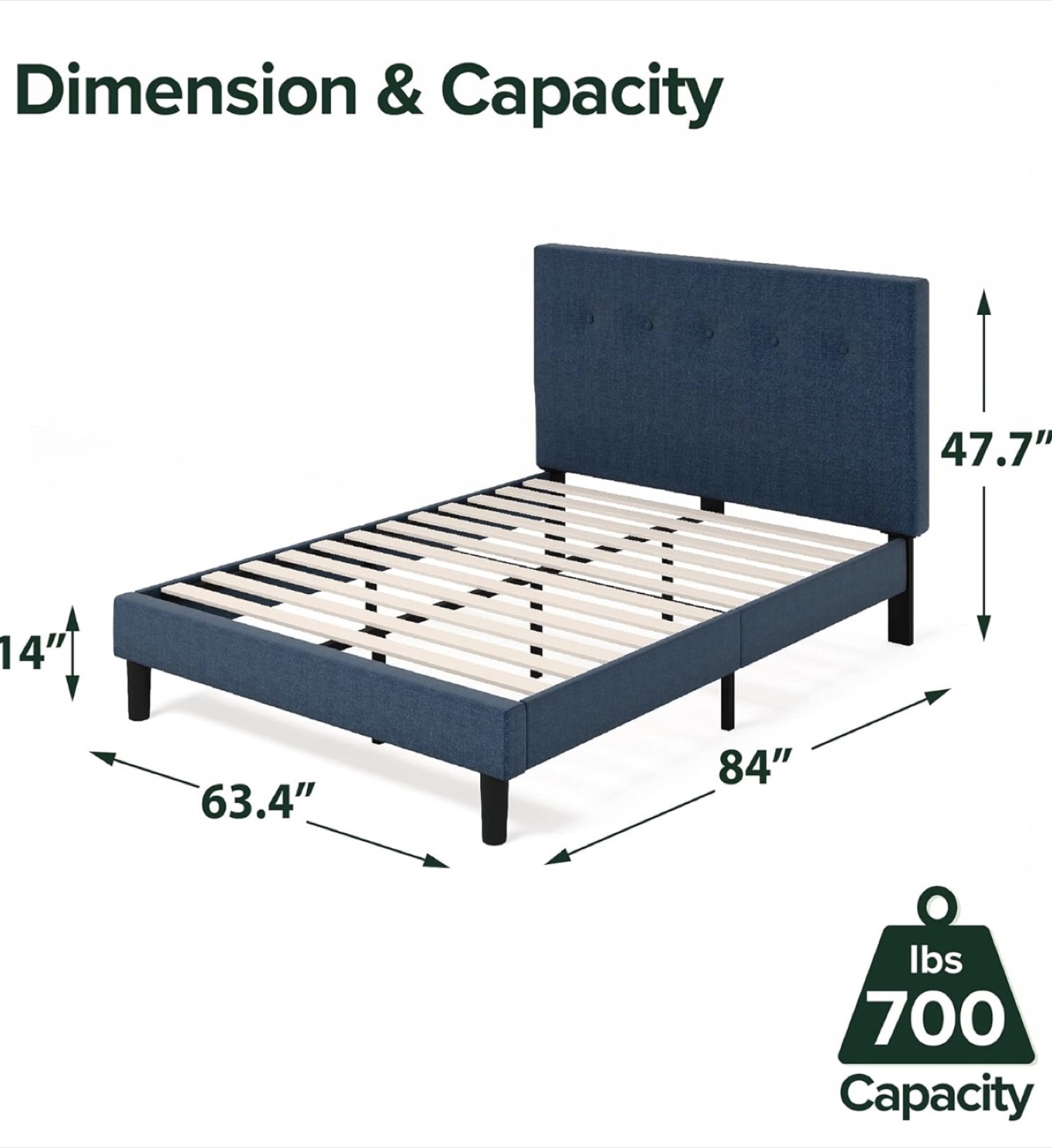Queen Upholstered Bed Frame with Headboard - Navy Blue - photo 3
