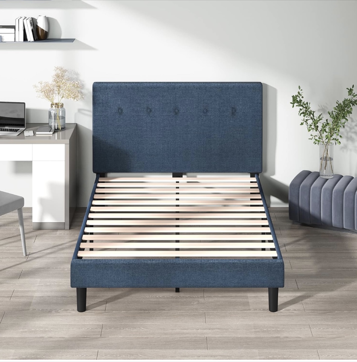 Queen Upholstered Bed Frame with Headboard - Navy Blue - photo 4
