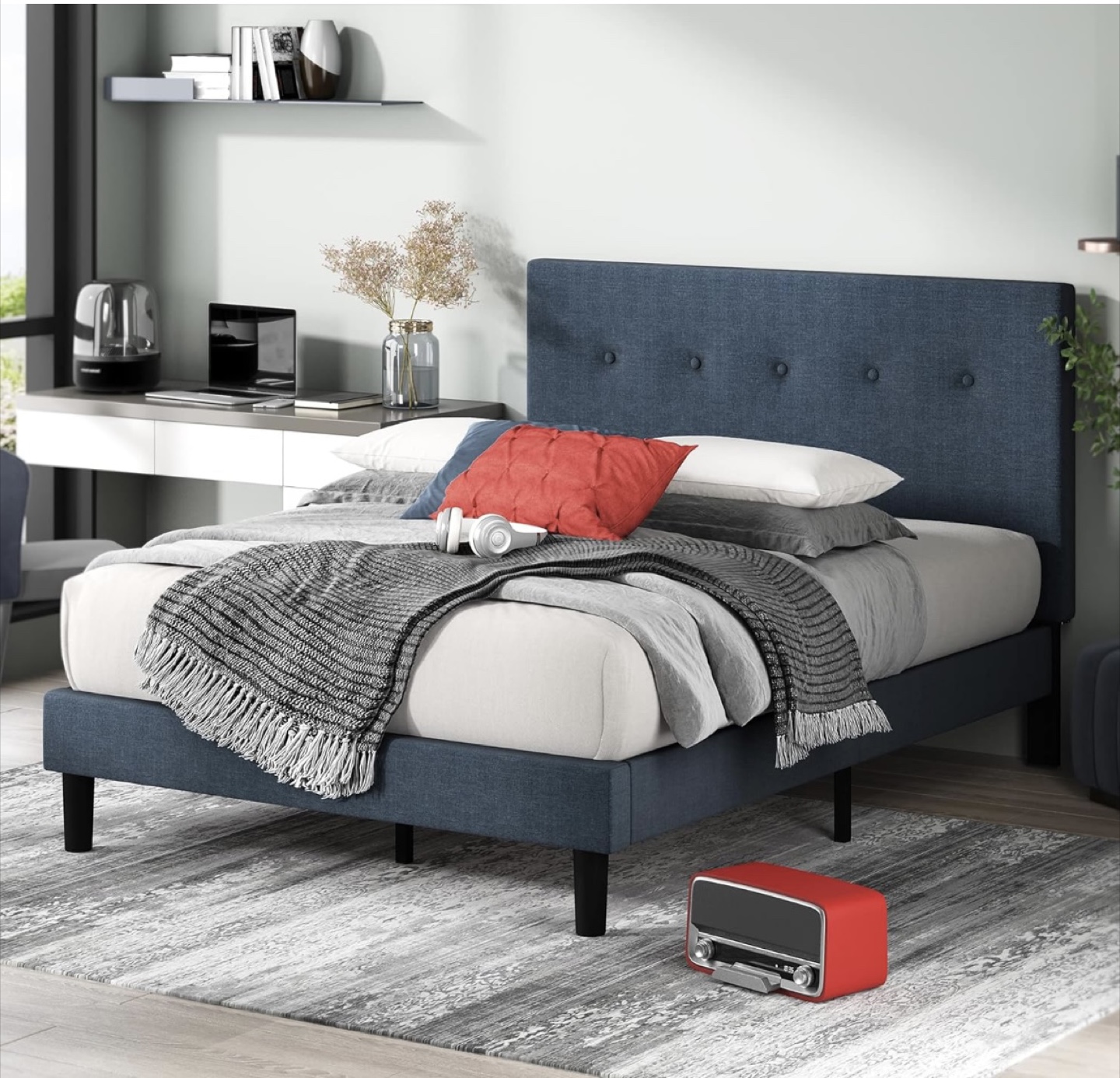 Queen Upholstered Bed Frame with Headboard - Navy Blue
