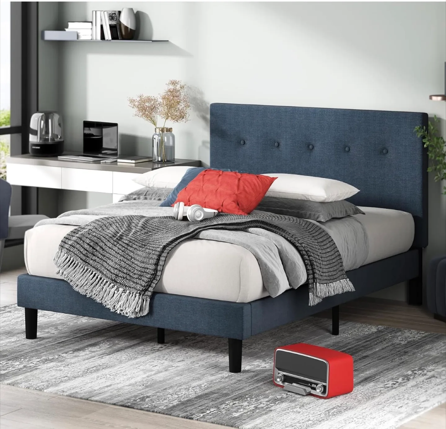 Queen Upholstered Bed Frame with Headboard - Navy Blue thumbnail