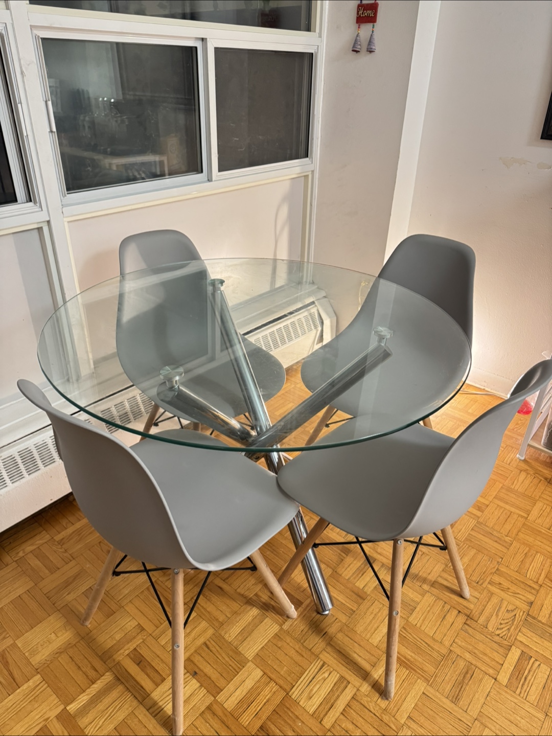 Glass Dining Table Set with Four Grey Chairs