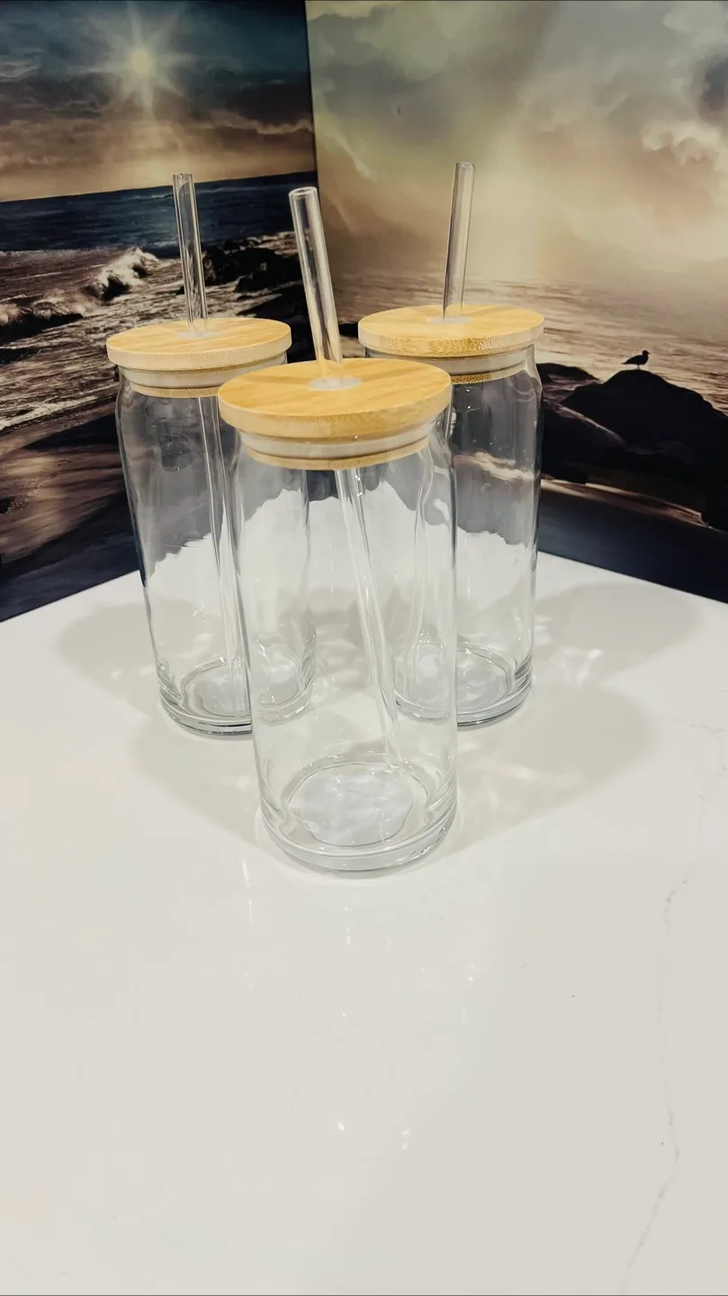 Set of 3 Glass Mason Jars with Bamboo Lids and Straws thumbnail