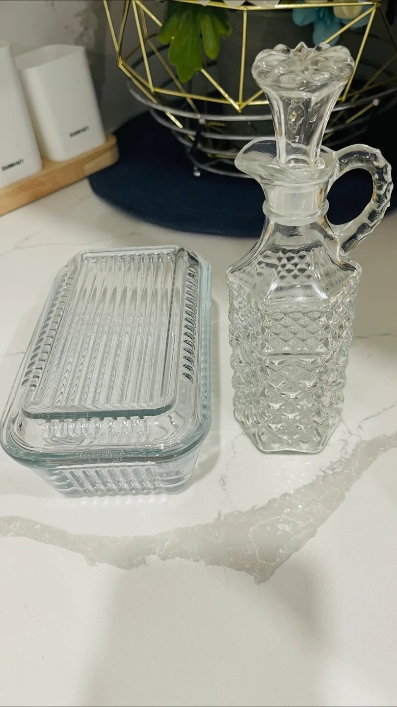 Vintage Glass Butter Dish and Oil Cruet thumbnail