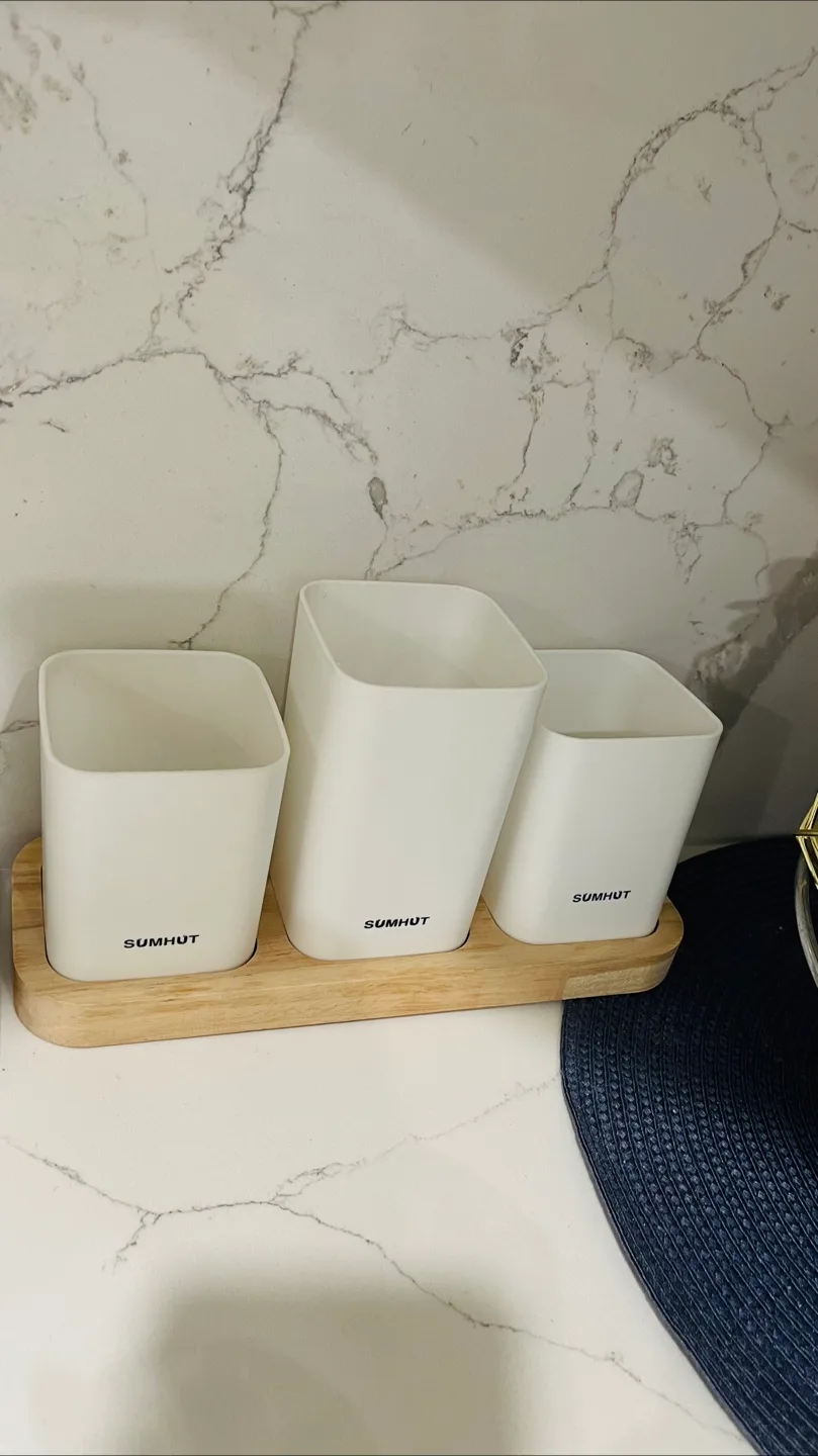 SUMHUT 3-Piece White Ceramic Organizer with Wooden Tray thumbnail