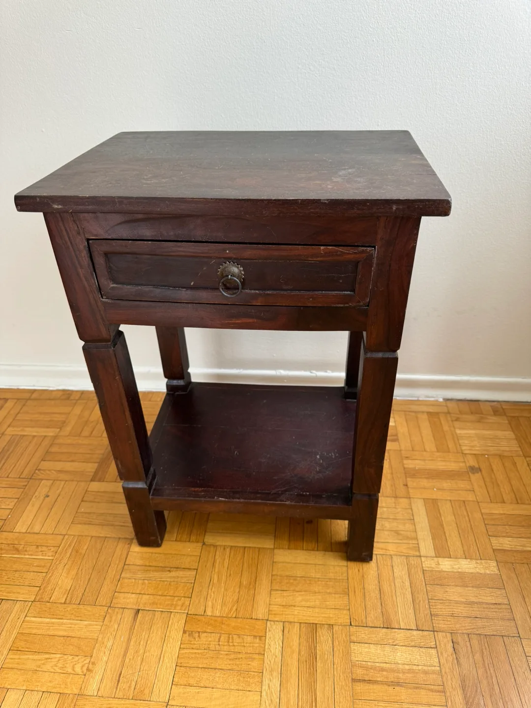 Dark Brown Wooden Nightstand with Drawer and Shelf thumbnail
