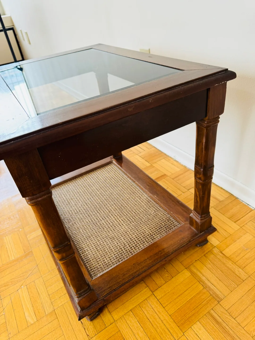 Vintage Wood End Table with Glass Top and Cane Shelf image indicator(4)
