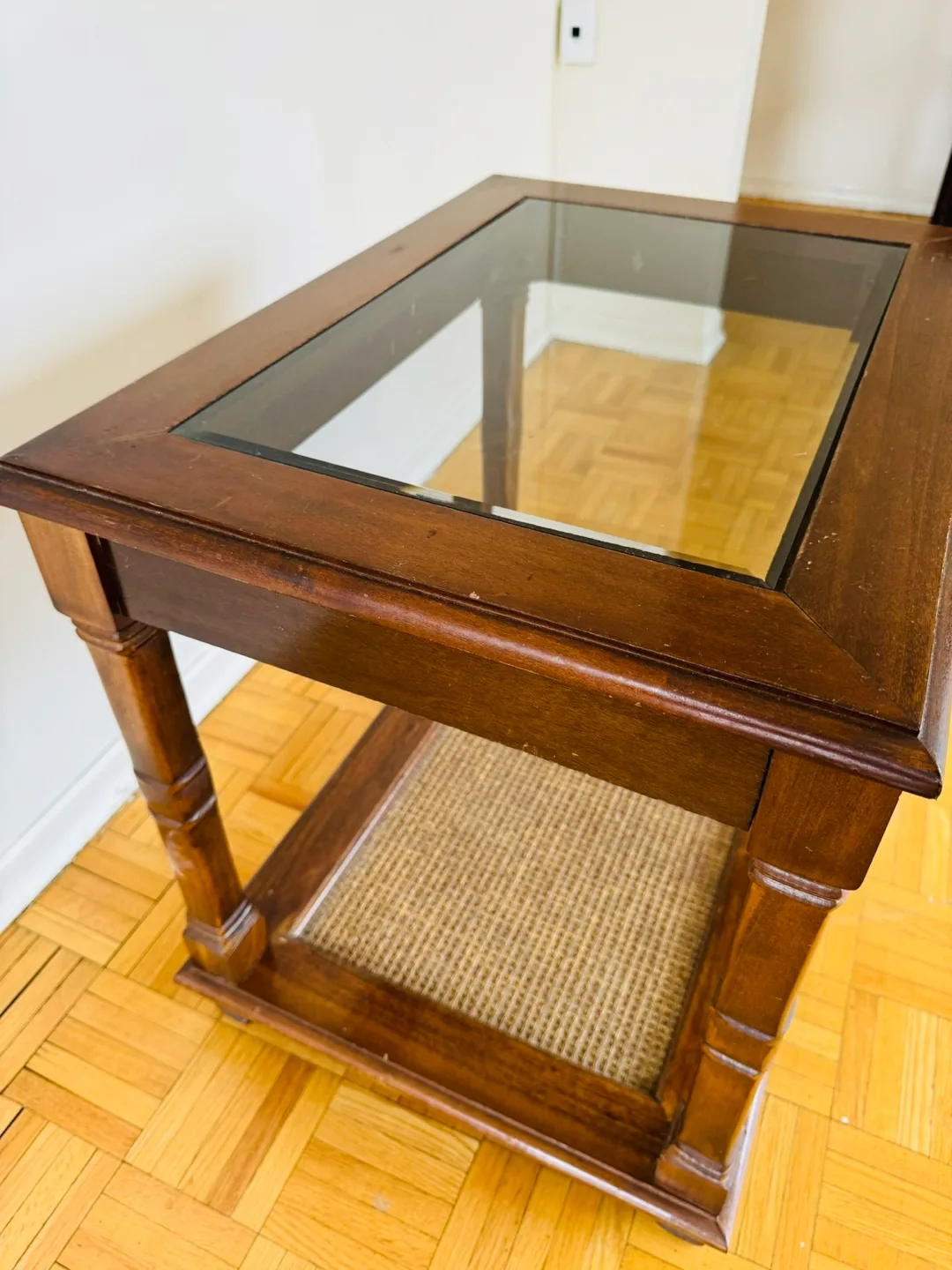Vintage Wood End Table with Glass Top and Cane Shelf image indicator(3)