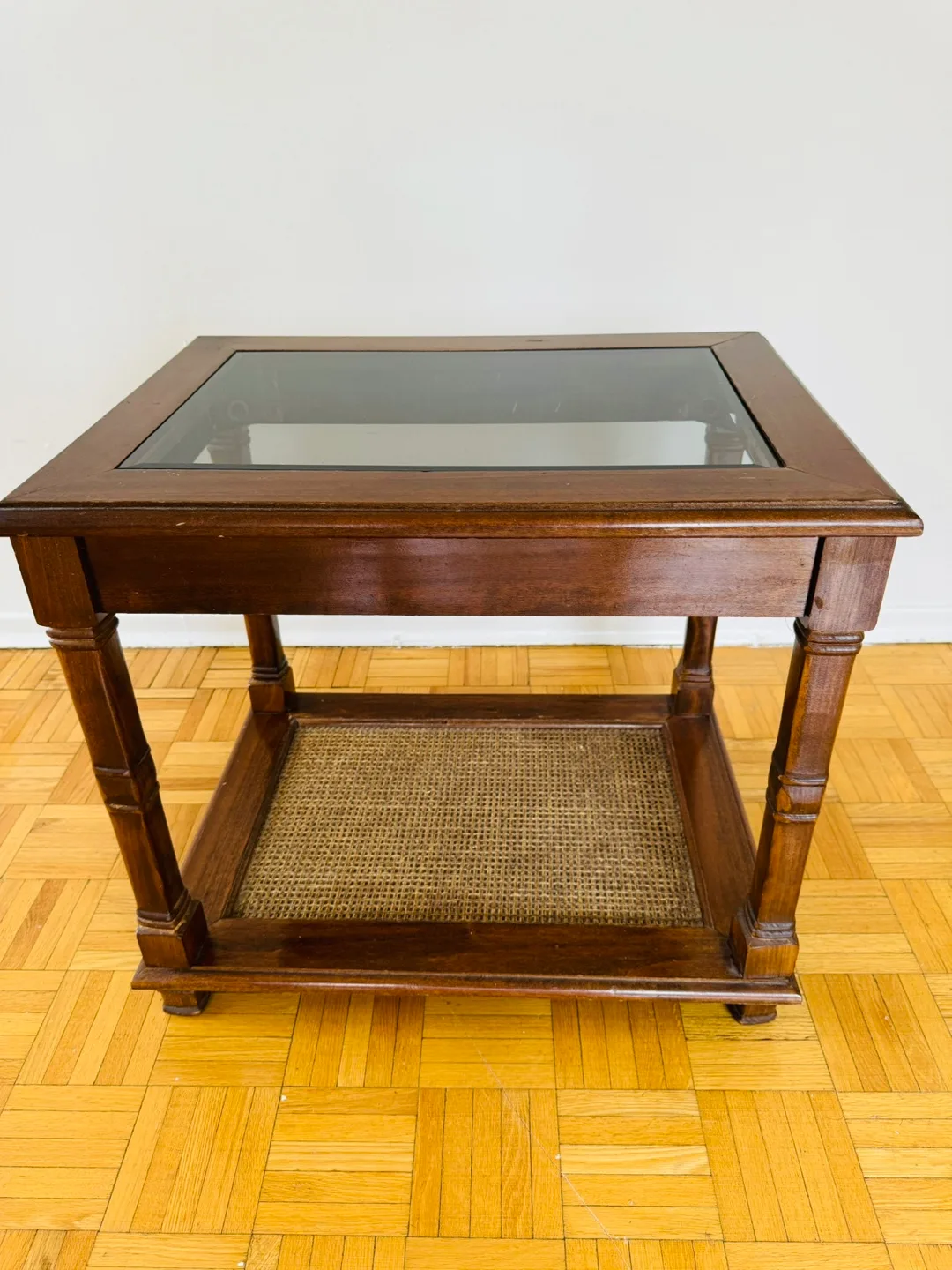 Vintage Wood End Table with Glass Top and Cane Shelf thumbnail