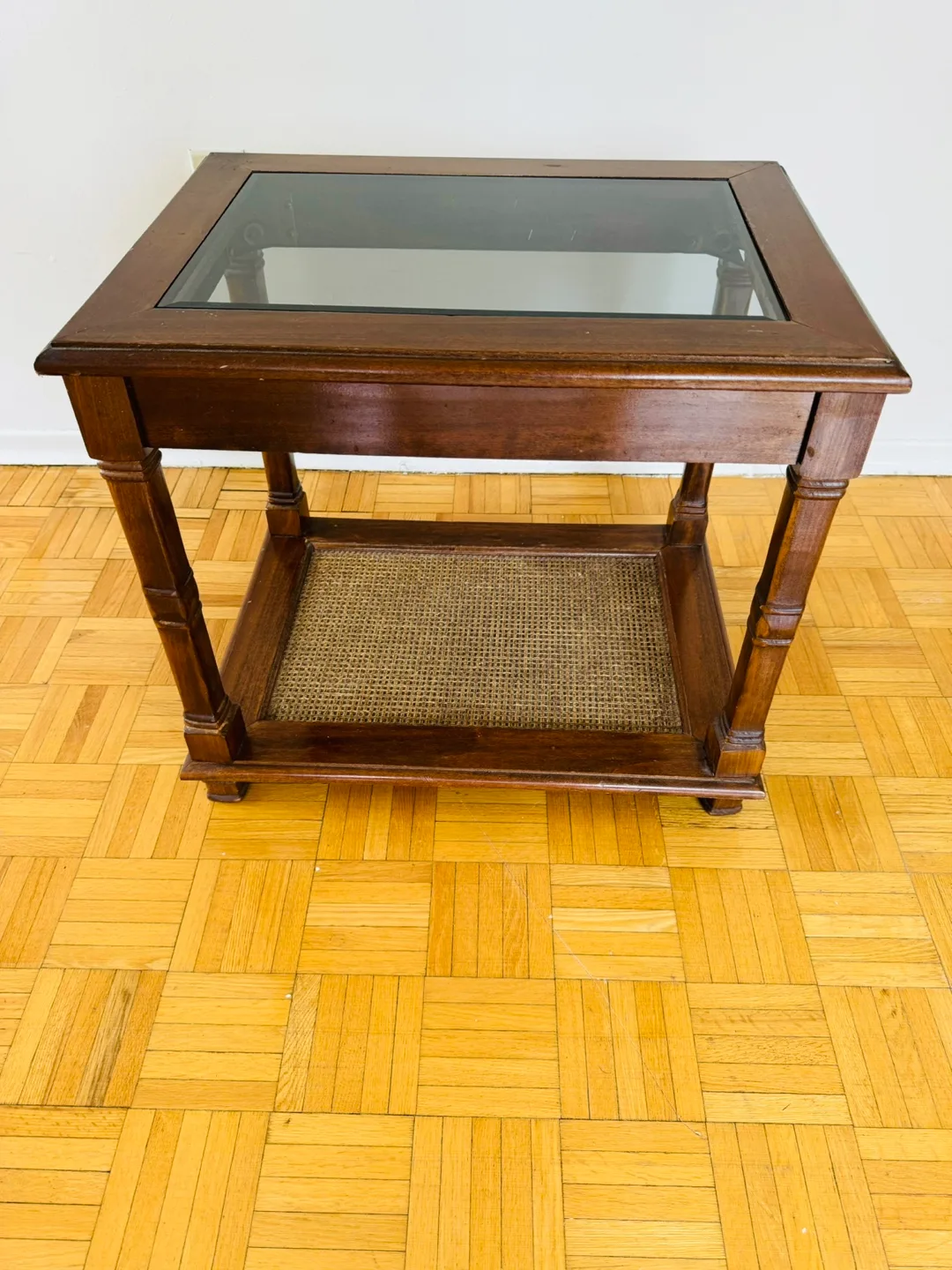 Vintage Wood End Table with Glass Top and Cane Shelf image indicator(2)