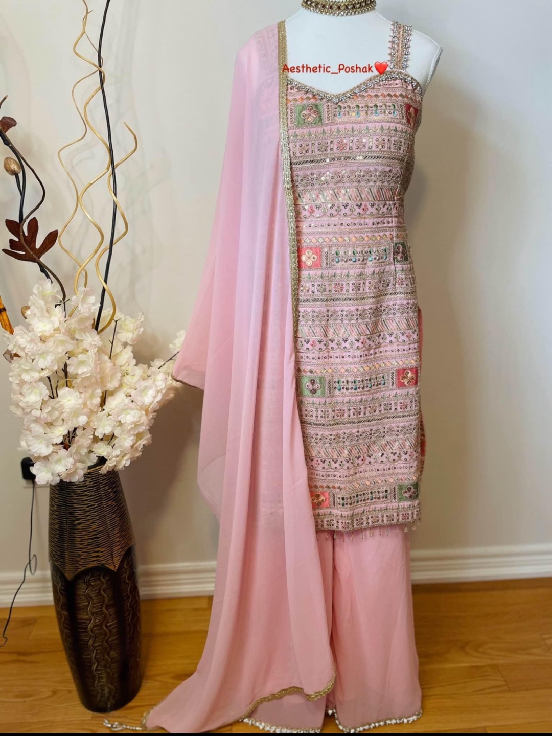 Pink embellished sharara suit with dupatta