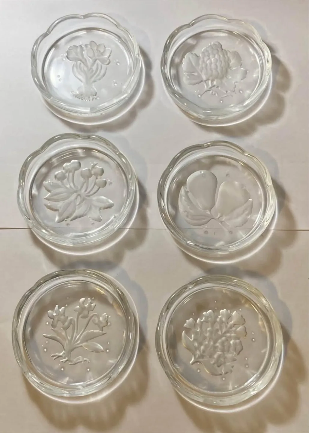 Set of Six Vintage Glass Coasters with Floral Etchings thumbnail
