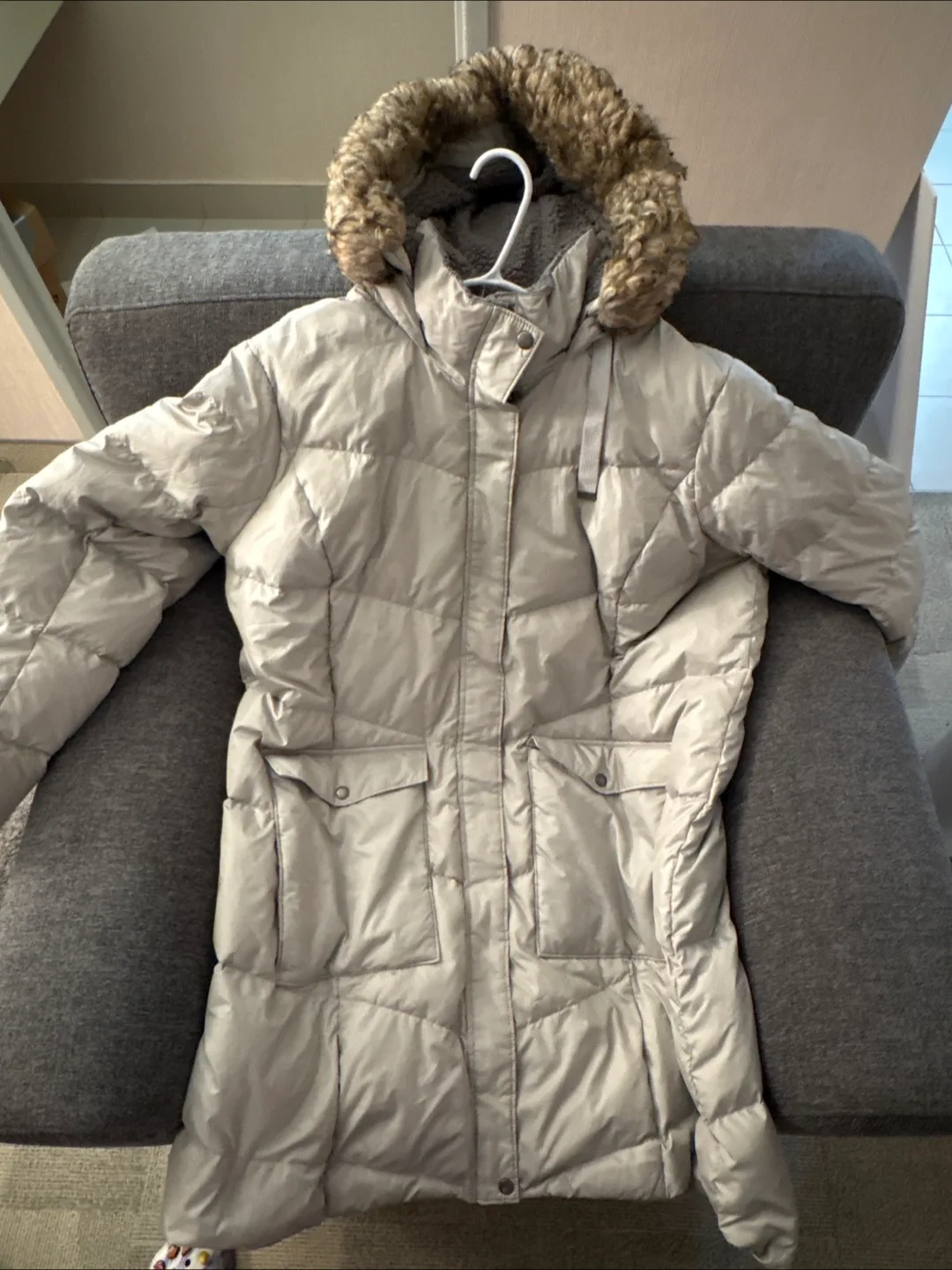 Eddie Bauer Women's Long Grey Winter Parka with Faux Fur Hood thumbnail